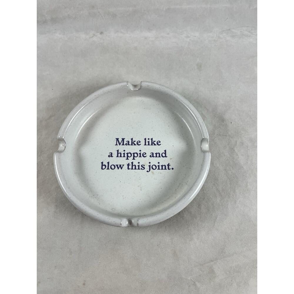 Urban Outfitters White Speckled Ceramic Ashtray with Navy Slogan
